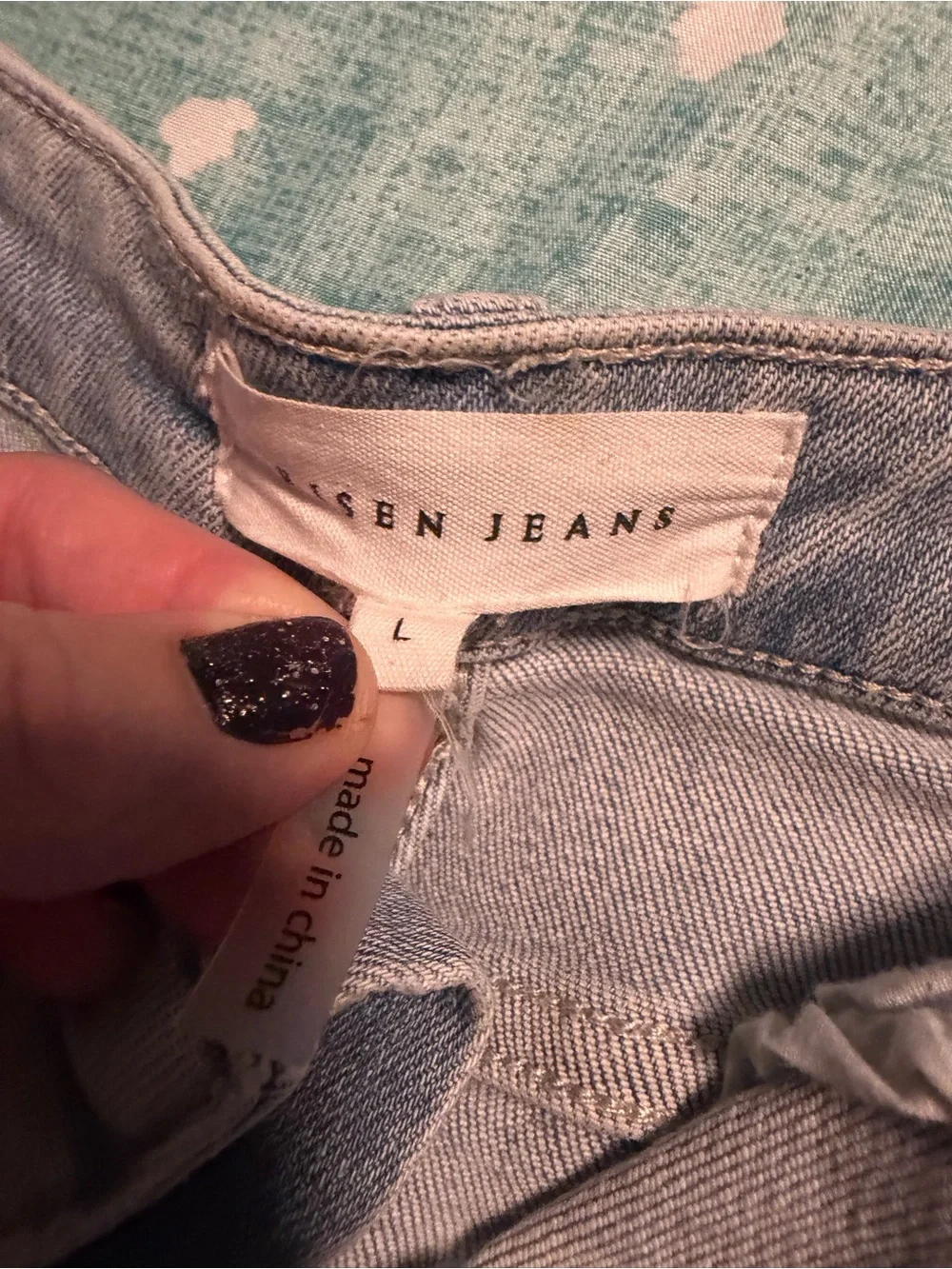 Large Distressed Light Blue Denim Jean Shorts w/ Beaded Fringe. MUST BE BUNDLED